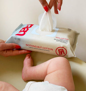 100% cotton unbleached water wipes for babies, gentle and safe for sensitive skin.