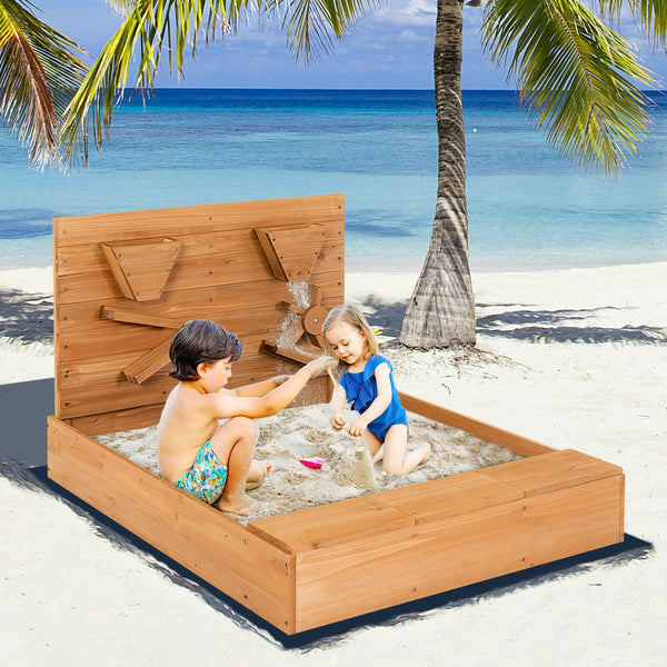 Kids Wooden Square Sandbox with Cover - UV-Protected Cover