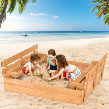 Kids Wooden Sandbox with 2 Foldable Bench Seats - UV-Protected Cover