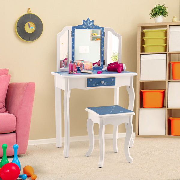 Princess Vanity Table and Chair Set with Tri-Folding Mirror and Snowflake Print for kids' furniture. Angle 7 view.