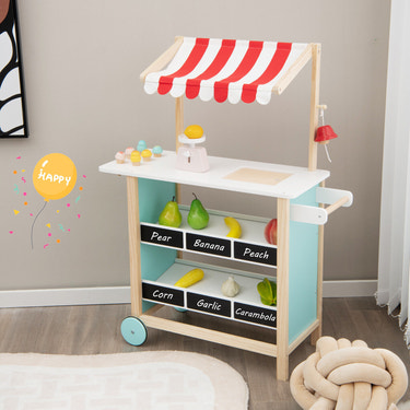 Kids Wooden Ice Cream Cart with Chalkboard and Storage - Realistic