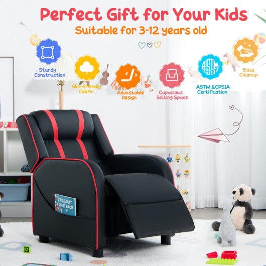 Kids recliner chair in red with side pockets and footrest, perfect for comfortable seating for children.