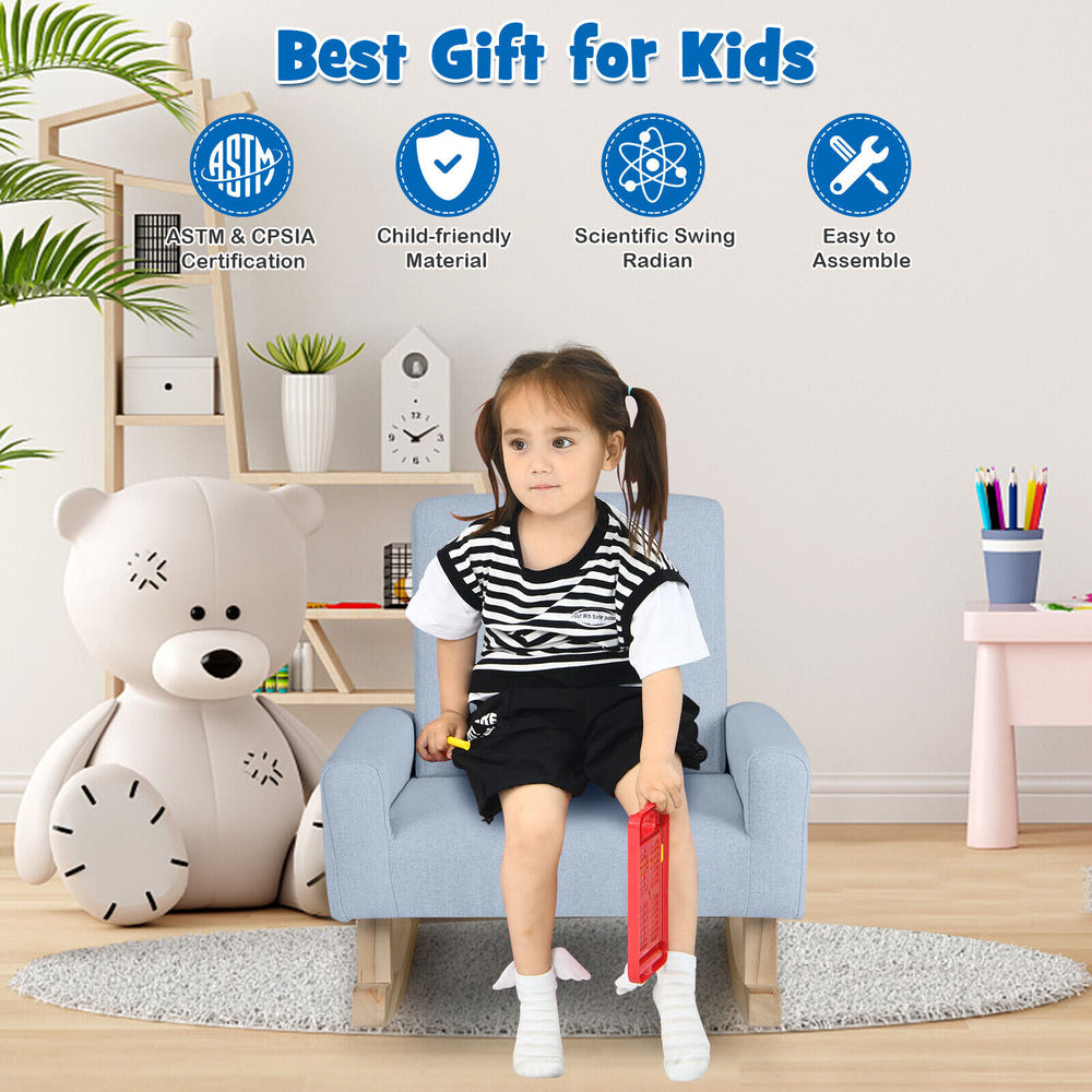 Kids rocking chair with solid wood legs, perfect for toddlers and nursery decor.