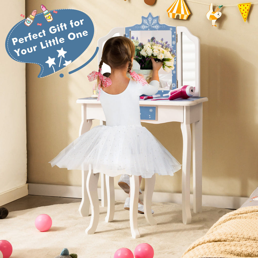 Princess Vanity Table and Chair Set with Tri-Folding Mirror and Snowflake Print for kids' furniture.