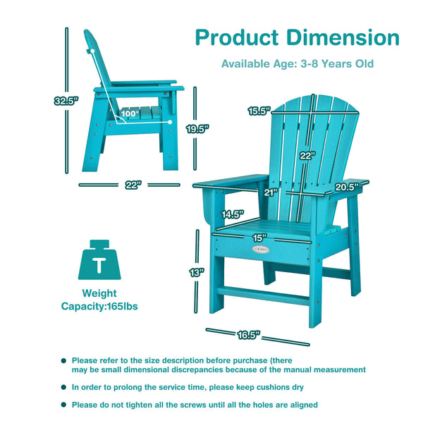 Patio Kids' Adirondack Chair with ergonomic backrest, angled view showcasing comfort and style for children.