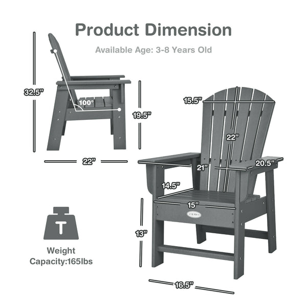 Patio Kids' Adirondack Chair with ergonomic backrest, perfect for outdoor play and relaxation. Angle view 19.