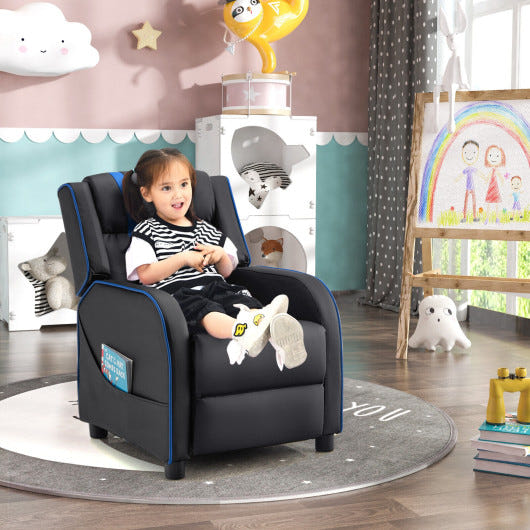 Kids recliner chair in blue with side pockets and footrest, perfect for comfortable seating in children's rooms.