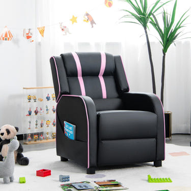 Pink kids recliner chair with side pockets and footrest, perfect for playtime and relaxation.