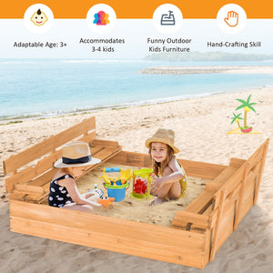 Kids Wooden Sandbox with 2 Foldable Bench Seats - UV-Protected Cover