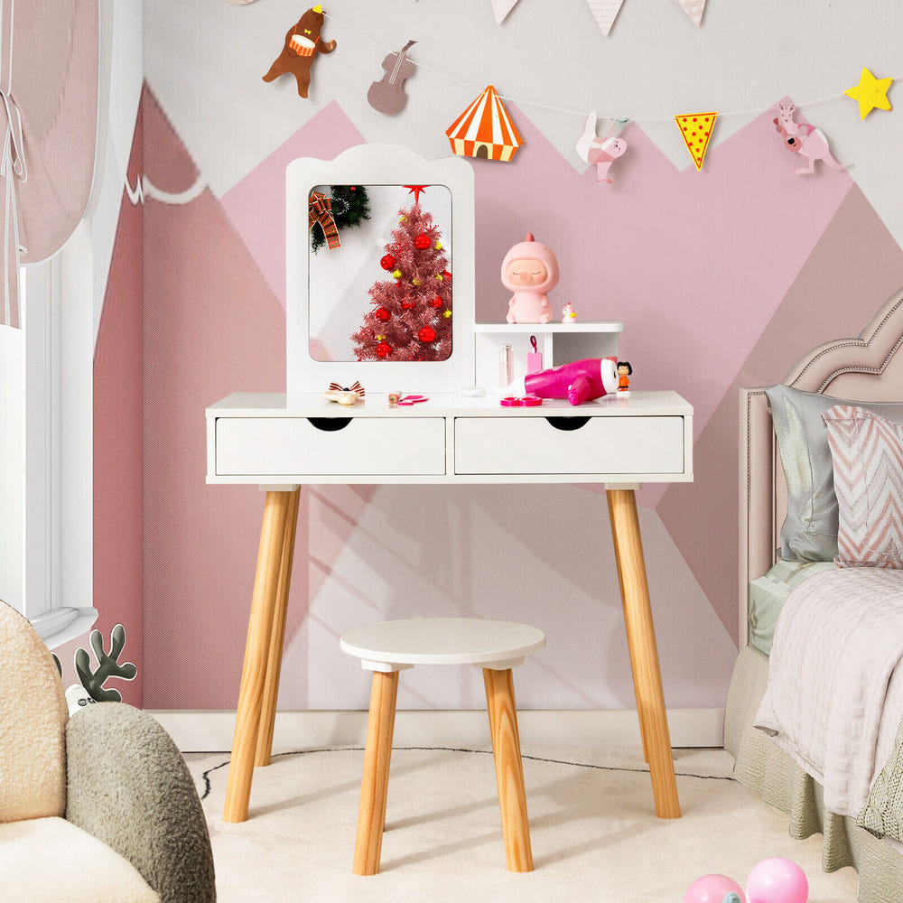 Kid Vanity Table Chair Set with Mirror and 2 Large Storage Drawers for kids' playroom or bedroom.