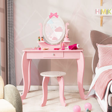 Pink Kid Vanity Table Stool Set with Oval Rotatable Mirror - Perfect for imaginative play and dressing up fun.