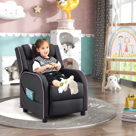 Pink kids recliner chair with side pockets and footrest, perfect for playtime and relaxation.