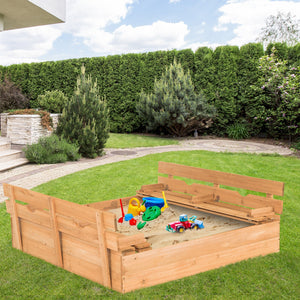 Kids Wooden Sandbox with 2 Foldable Bench Seats - UV-Protected Cover