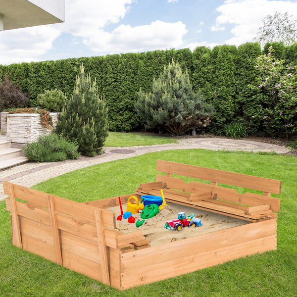 Kids Wooden Sandbox with 2 Foldable Bench Seats - UV-Protected Cover