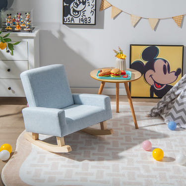 Kids rocking chair with solid wood legs, perfect for toddlers and nursery decor.