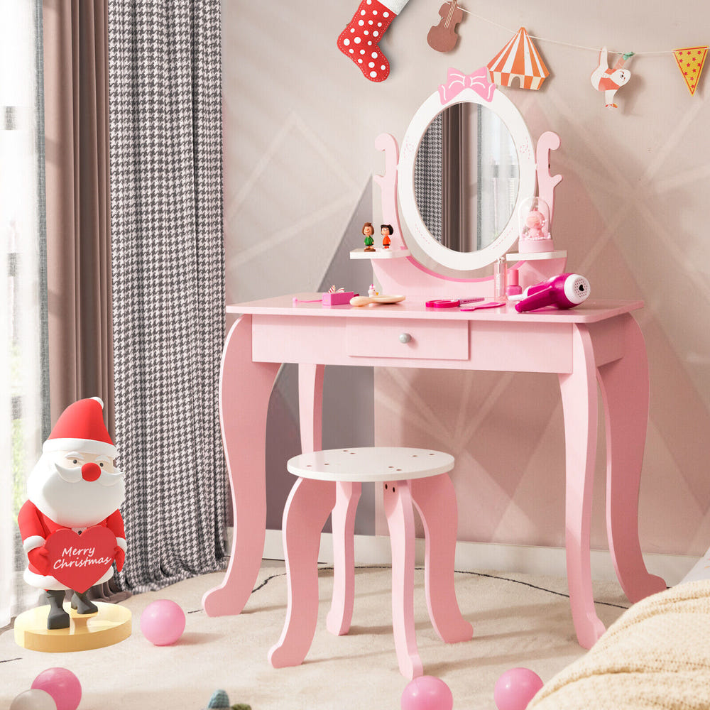Pink Kid Vanity Table Stool Set with Oval Rotatable Mirror - Perfect for imaginative play and dressing up fun.