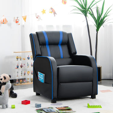 Kids recliner chair in blue with side pockets and footrest, perfect for comfortable seating in children's rooms.