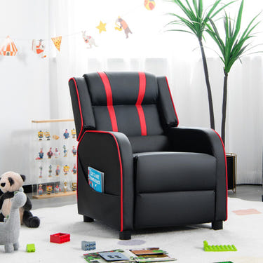 Kids recliner chair in red with side pockets and footrest, perfect for comfortable seating for children.
