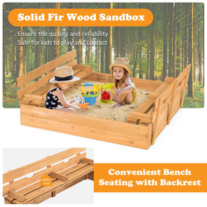 Kids Wooden Sandbox with 2 Foldable Bench Seats - UV-Protected Cover