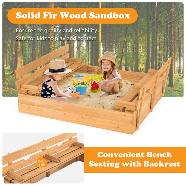 Kids Wooden Sandbox with 2 Foldable Bench Seats - UV-Protected Cover