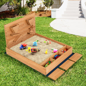 Kids Wooden Square Sandbox with Cover - UV-Protected Cover