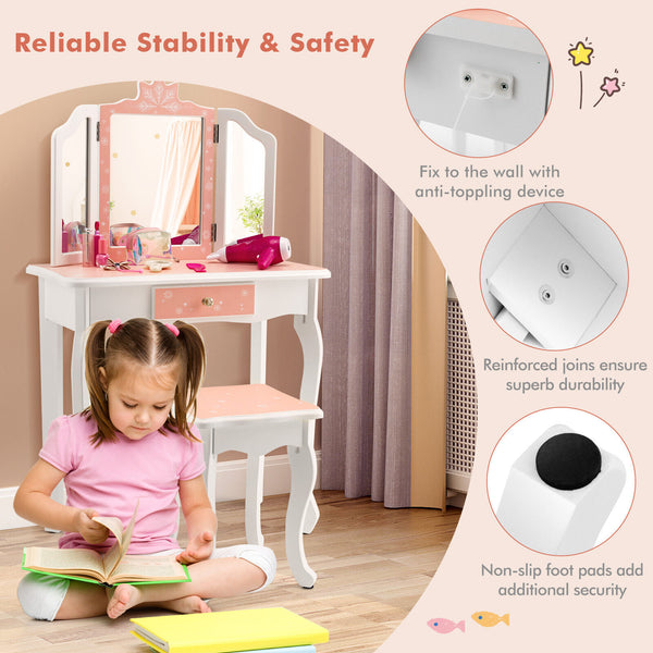 Princess vanity table and chair set with tri-fold mirror and snowflake print, perfect for little ones' playrooms.