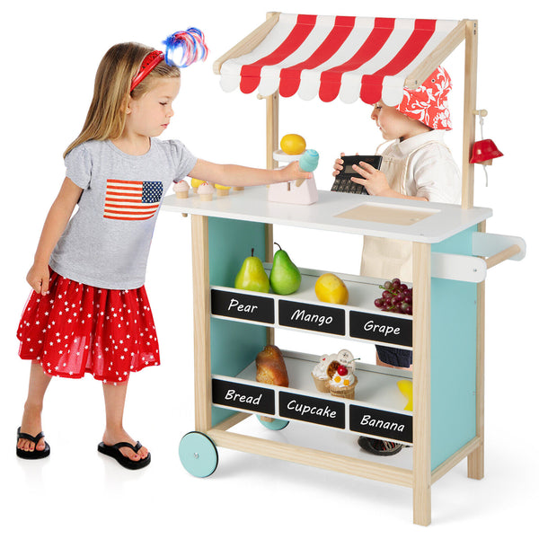 Kids Wooden Ice Cream Cart with Chalkboard and Storage - Realistic