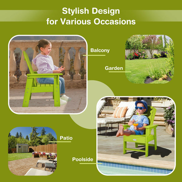 Patio Kids' Adirondack Chair with ergonomic backrest, perfect for outdoor play and relaxation. Angle view 14.