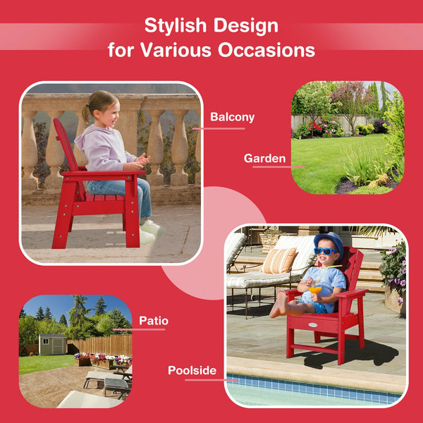 Patio Kids' Adirondack Chair with ergonomic backrest, angled view showcasing comfort and style for children.