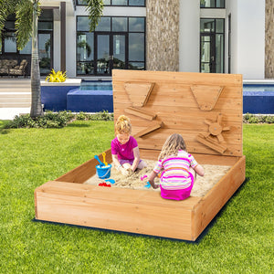 Kids Wooden Square Sandbox with Cover - UV-Protected Cover
