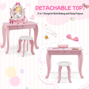 Pink Kid Vanity Table Stool Set with Oval Rotatable Mirror, perfect for imaginative play and dressing up.
