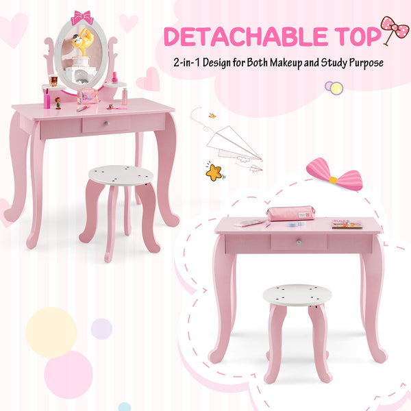 Pink Kid Vanity Table Stool Set with Oval Rotatable Mirror, perfect for imaginative play and dressing up.