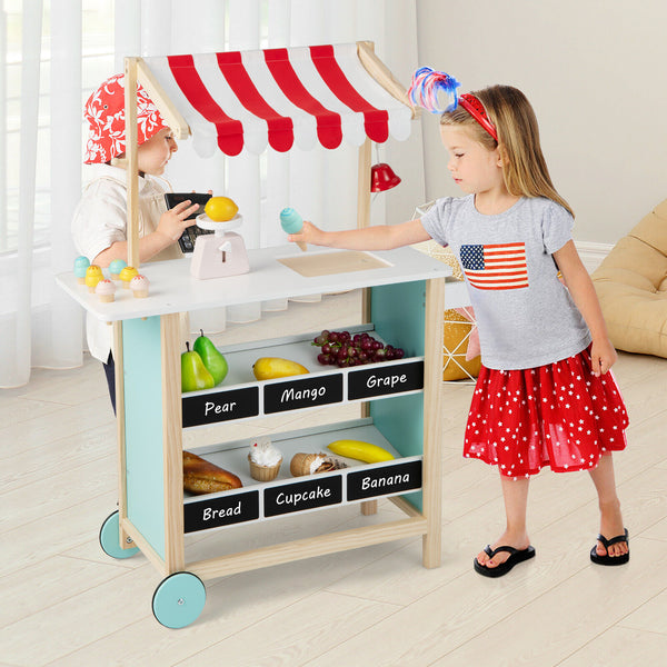 Kids Wooden Ice Cream Cart with Chalkboard and Storage - Realistic