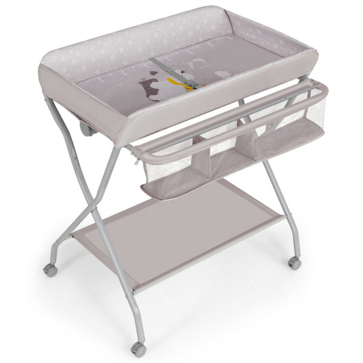 Gray baby changing table with safety belt and 4-side defense for secure diaper changes.