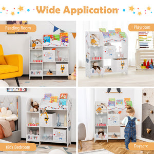Wooden kids toy and book organizer with storage bins, angled view, perfect for children's rooms and play areas.