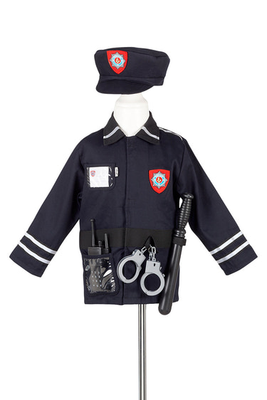 Policeman costume set for kids aged 4-7, complete with accessories for fun role-play and dress-up activities.