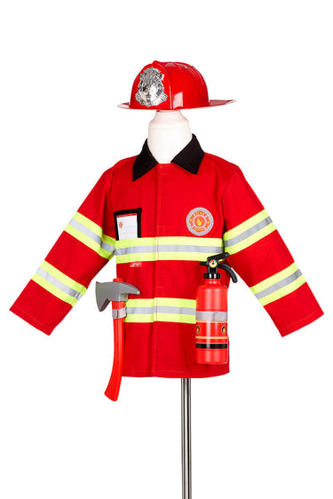 Fireman costume set for kids ages 4-7, complete with accessories for imaginative role-play and fun.