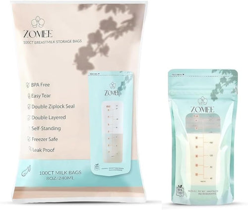Zomee Breast Pumps Milk Storage Bags 8oz Double-Zip Self-Standing