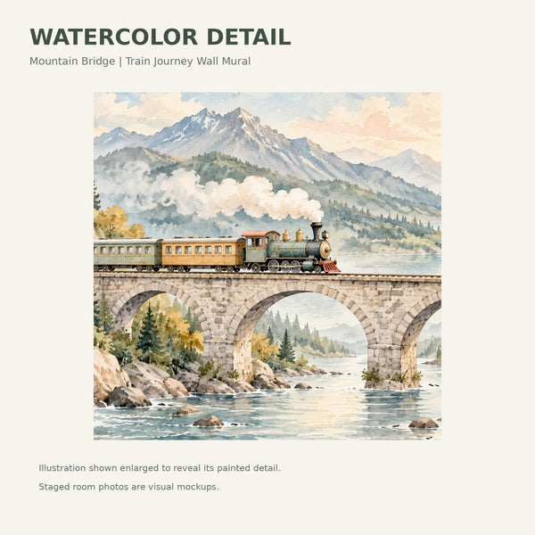 Watercolor Mountain Bridge Train Wall Mural, image 4