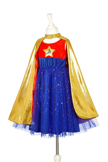 Superhero girl costume for kids, perfect for carnival and festive dress-up, available in two sizes.