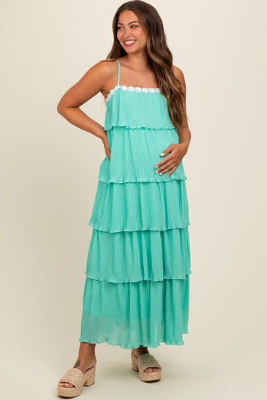 Aqua ruffle tiered maternity maxi dress for stylish and comfortable pregnancy wear.
