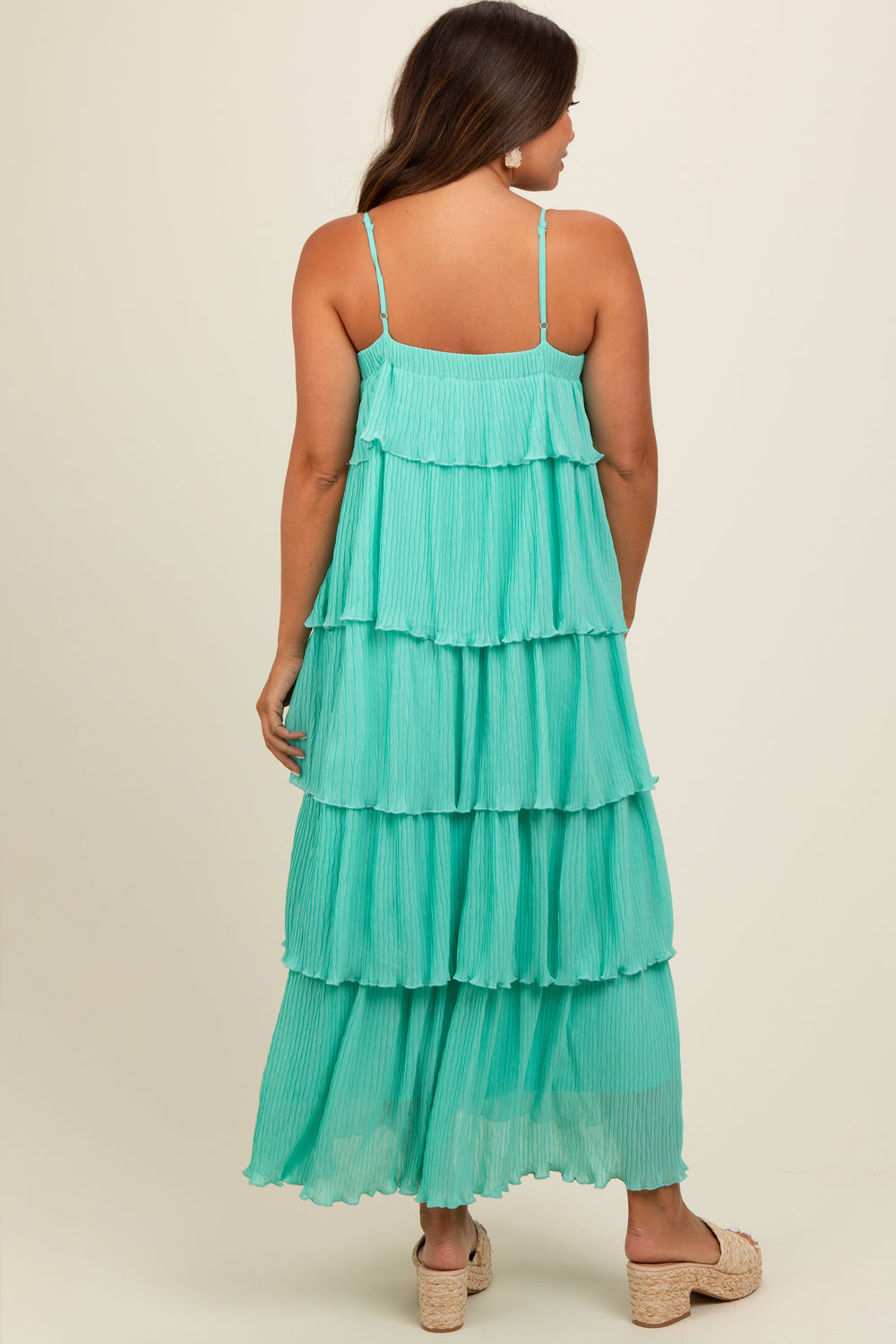 Aqua ruffle tiered maternity maxi dress for stylish and comfortable pregnancy wear.