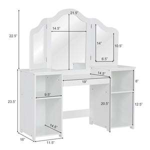 Kids tri folding mirror makeup vanity table set for stylish playtime and dressing fun. Angle view showcasing design.