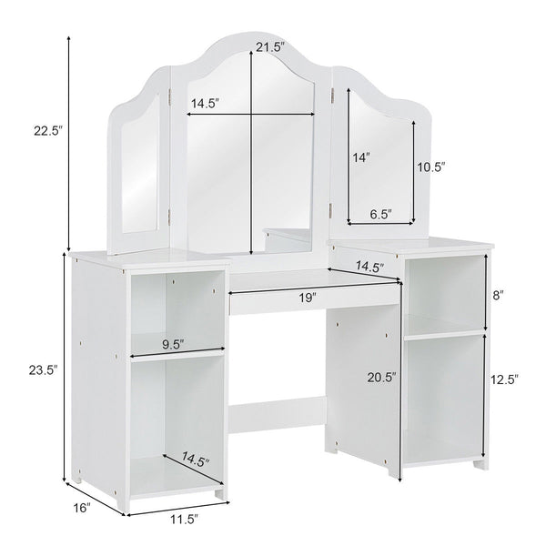 Kids tri folding mirror makeup vanity table set for stylish playtime and dressing fun. Angle view showcasing design.