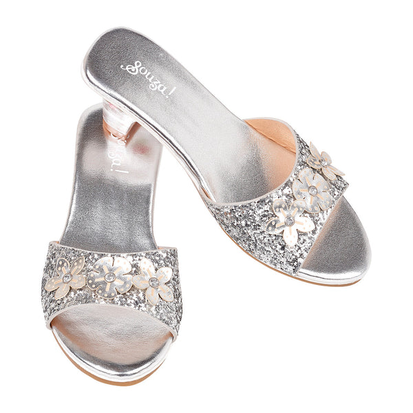Silver high-heel slippers for kids, Mariona costume accessory for carnival and festive occasions, available in 3 sizes.