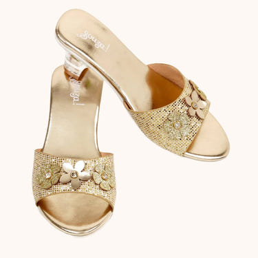 Gold high-heel slippers for kids, Ellina costume accessory for carnival and festive occasions, available in 3 sizes.