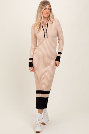 Beige Contrast Trim Knit Polo Maternity Midi Dress