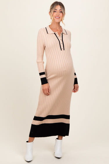 Beige contrast trim knit polo maternity midi dress for stylish and comfortable wear during pregnancy.