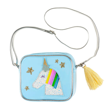 Blue unicorn purse for babies, perfect for storing toys and essentials in a cute and stylish way.