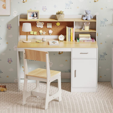 Kids study desk and chair set in natural wood finish, perfect for student learning and playtime.
